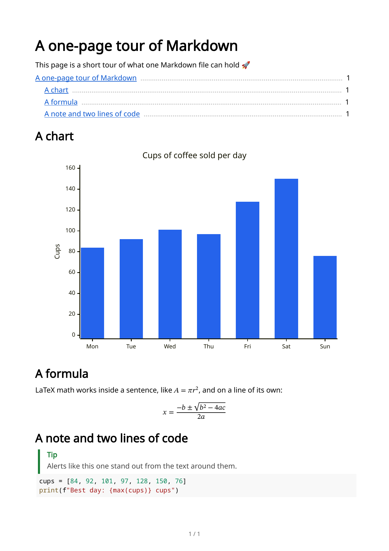 First page of the legivel PDF on A4 paper: the title, a contents list with page numbers and dot leaders, a blue bar chart drawn as a diagram, the formula set as math, a tip with a green bar and a "Tip" title, and two lines of code in color.