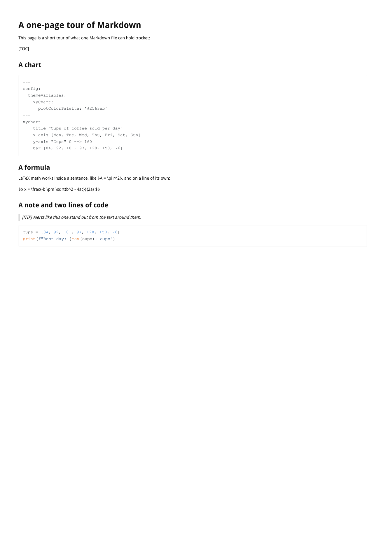 First page of the wkhtmltopdf PDF on A4 paper: the text [TOC] printed near the top, the chart and the formula printed as source text, and the text [!TIP] at the start of a quote.