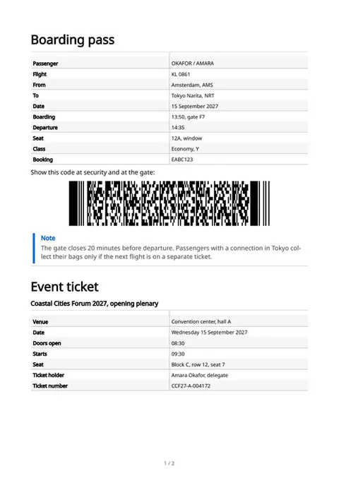 A boarding pass and an event ticket, first page
