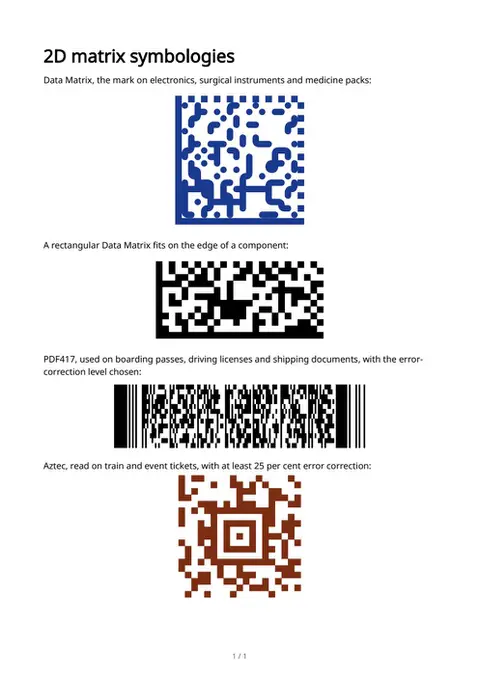 Data Matrix, PDF417, Aztec, first page