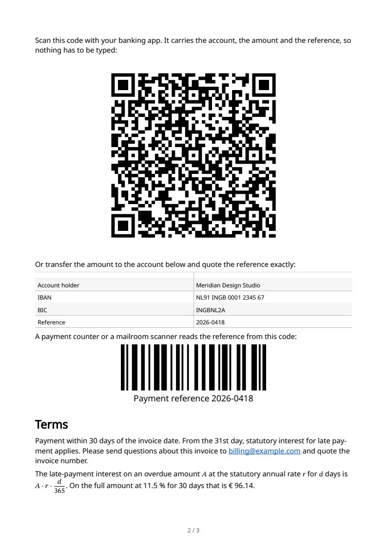 An invoice with a code to pay, page 2 of 3