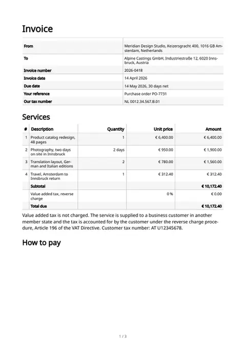 An invoice with a code to pay, first page