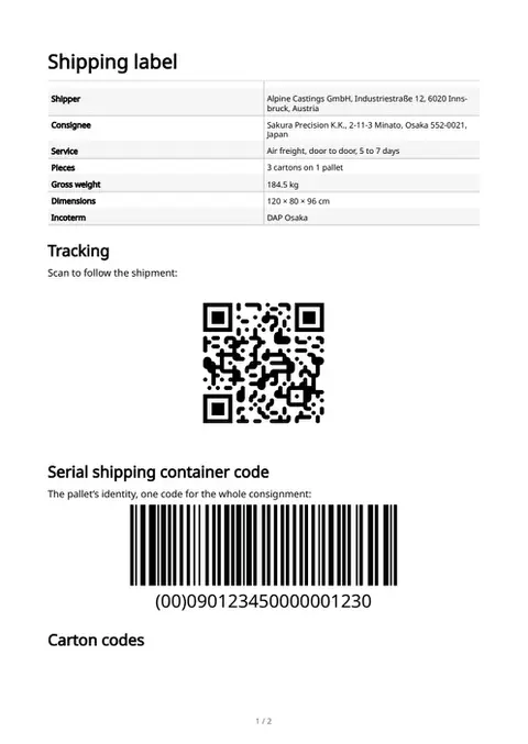 A shipping label and manifest, first page