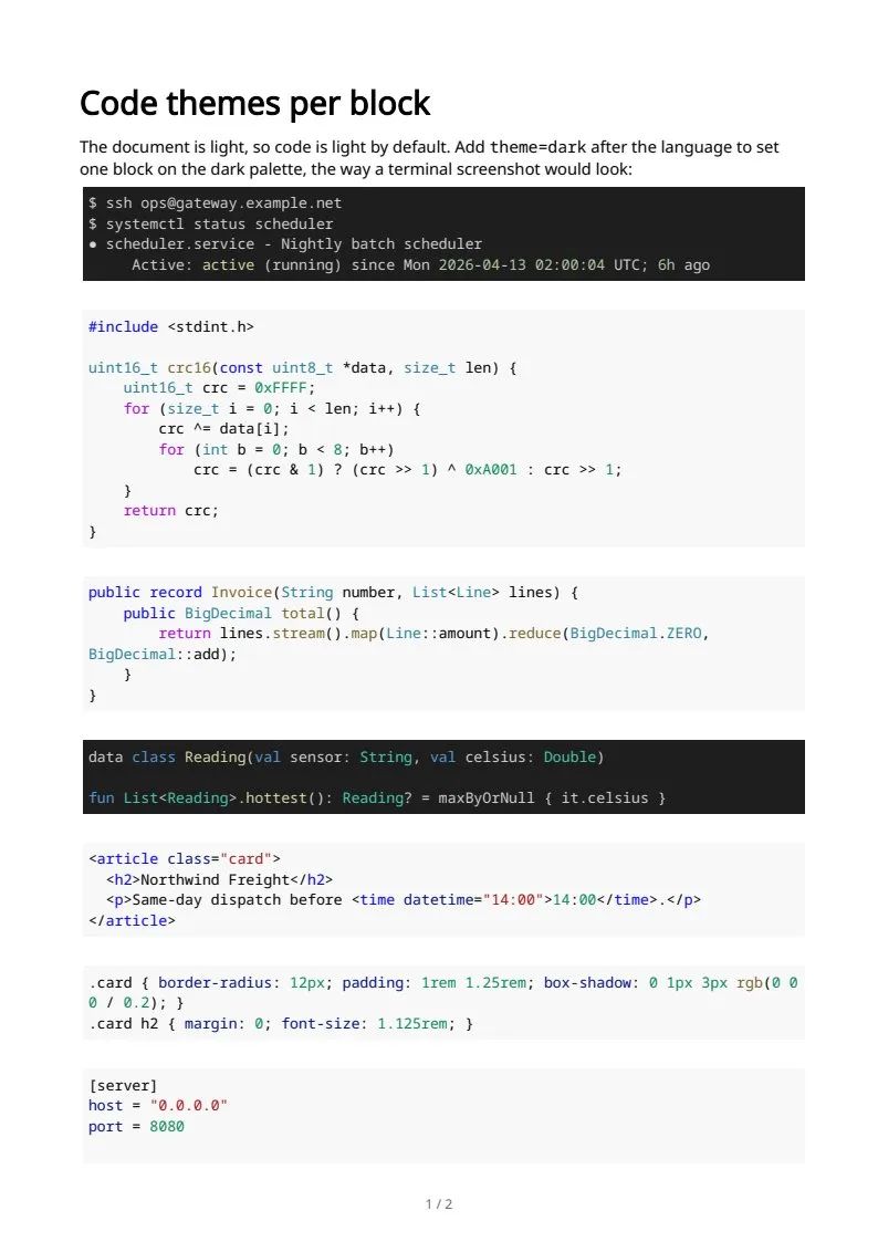 Light and dark code, per block, page 1 of 2