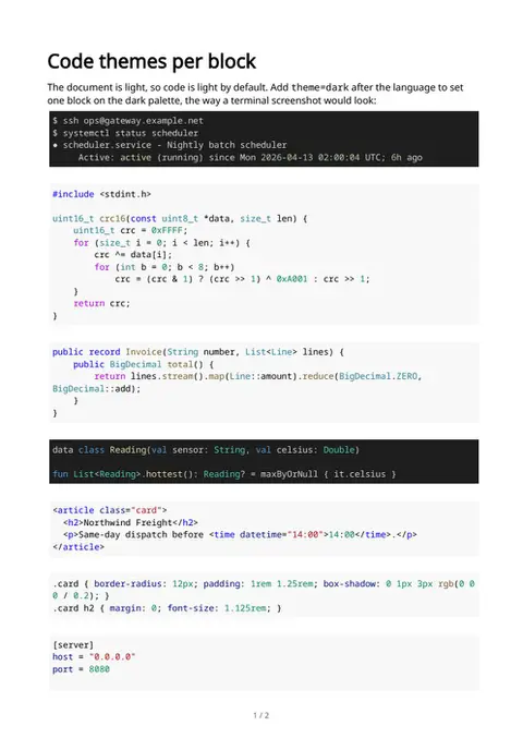 Light and dark code, per block, first page
