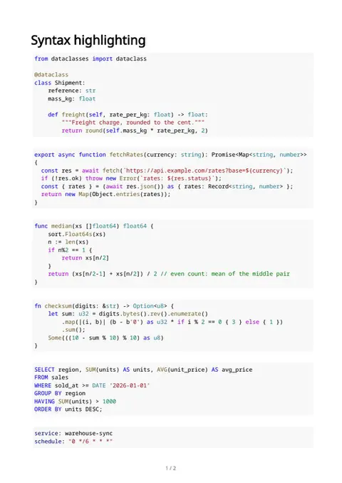 Code & syntax highlighting, first page