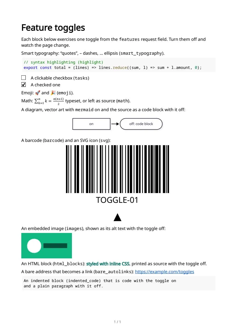 Feature toggles in one page, page 1 of 1