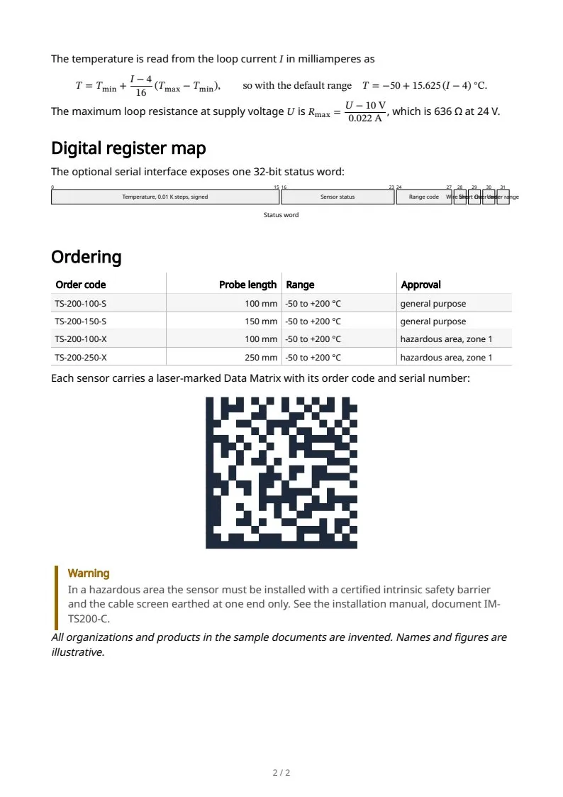 A product datasheet, page 2 of 2