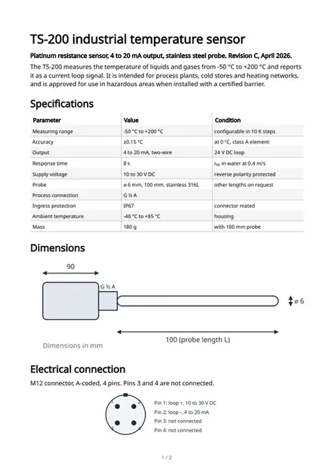 A product datasheet, first page