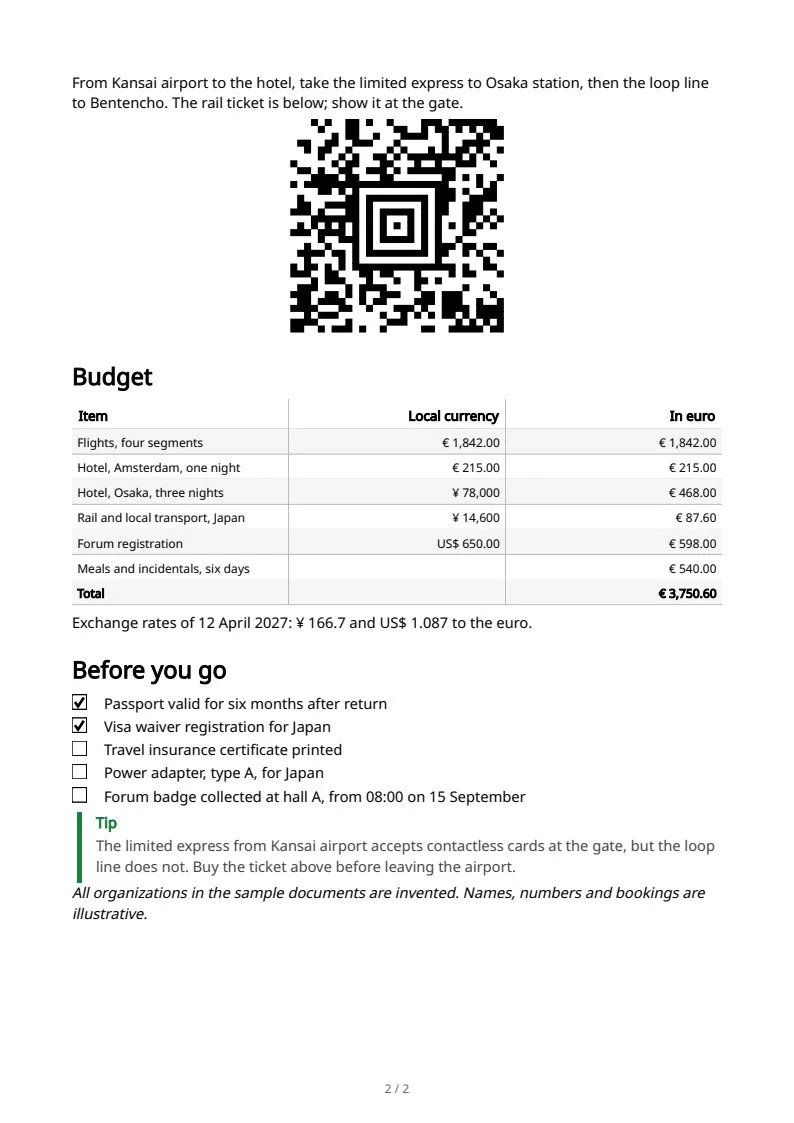 A travel itinerary, page 2 of 2
