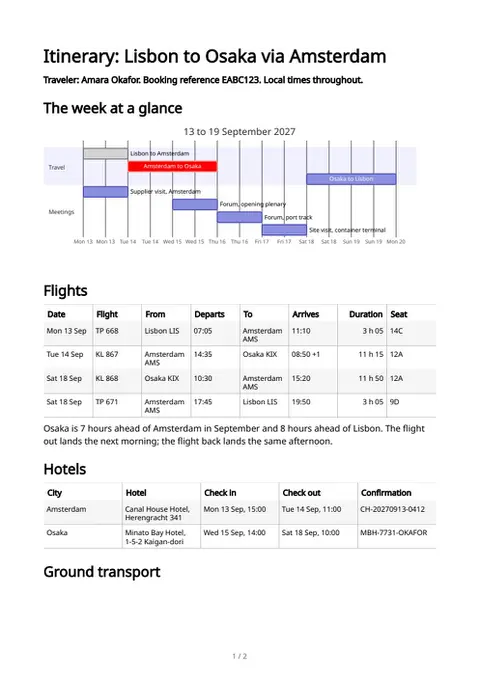A travel itinerary, first page