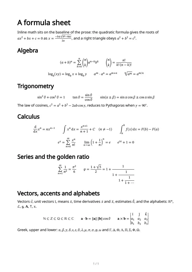 LaTeX math, inline & display, page 1 of 1