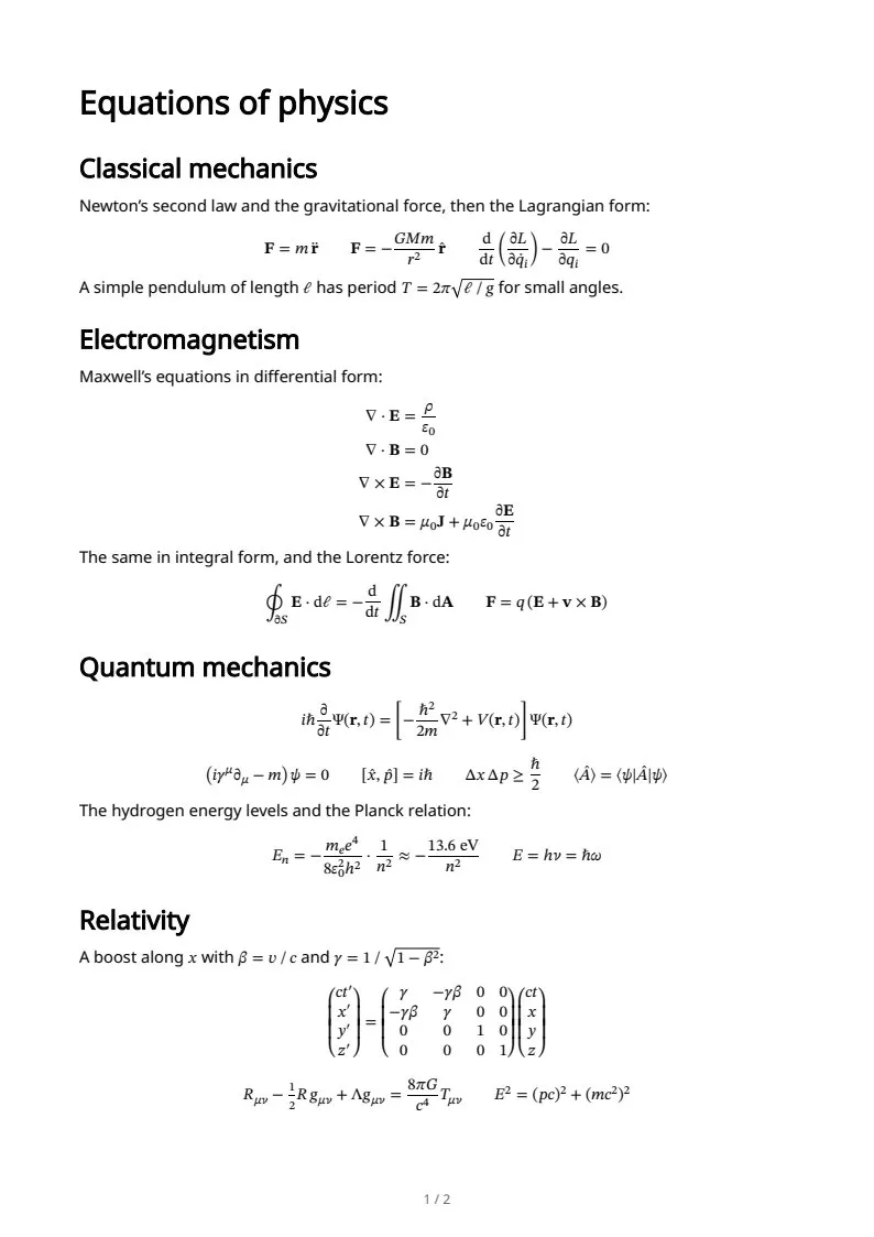 Physics: field equations, page 1 of 2