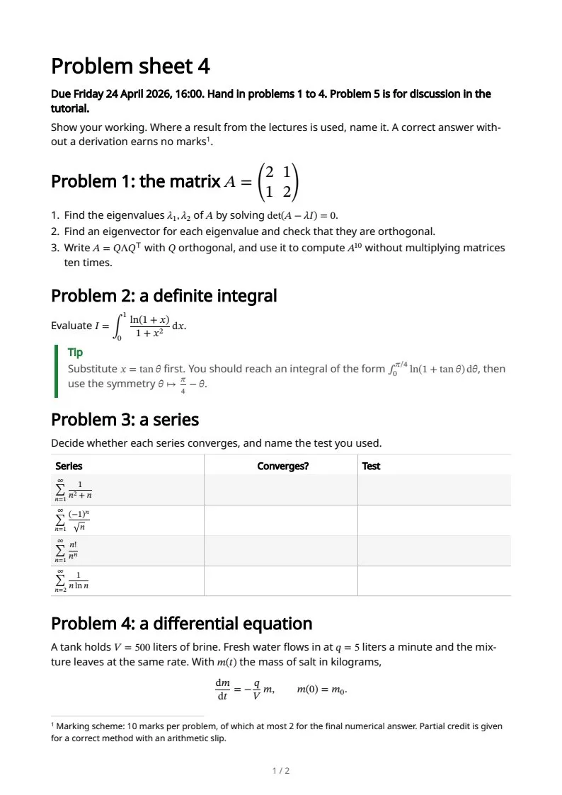 A problem sheet, math inside prose, page 1 of 2