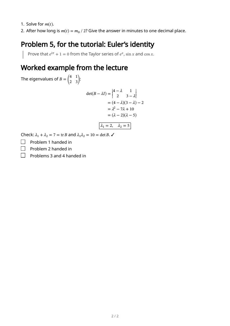A problem sheet, math inside prose, page 2 of 2