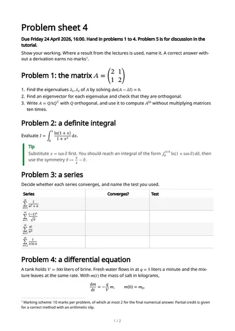 A problem sheet, math inside prose, first page