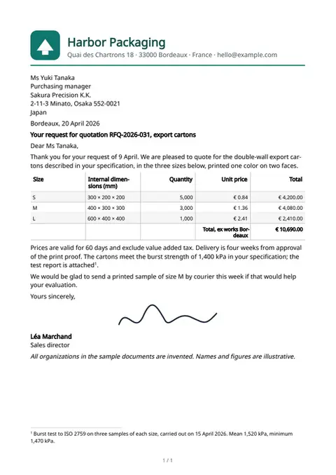 A letter with a vector letterhead, first page