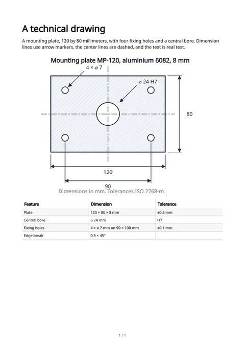 A dimensioned technical drawing, first page
