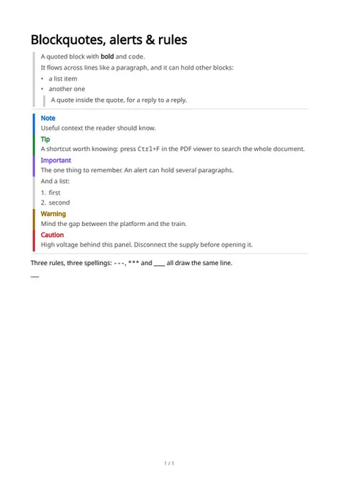 Blockquotes, alerts & rules, first page