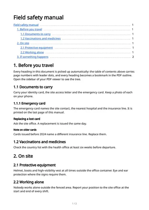 Headings & table of contents, first page