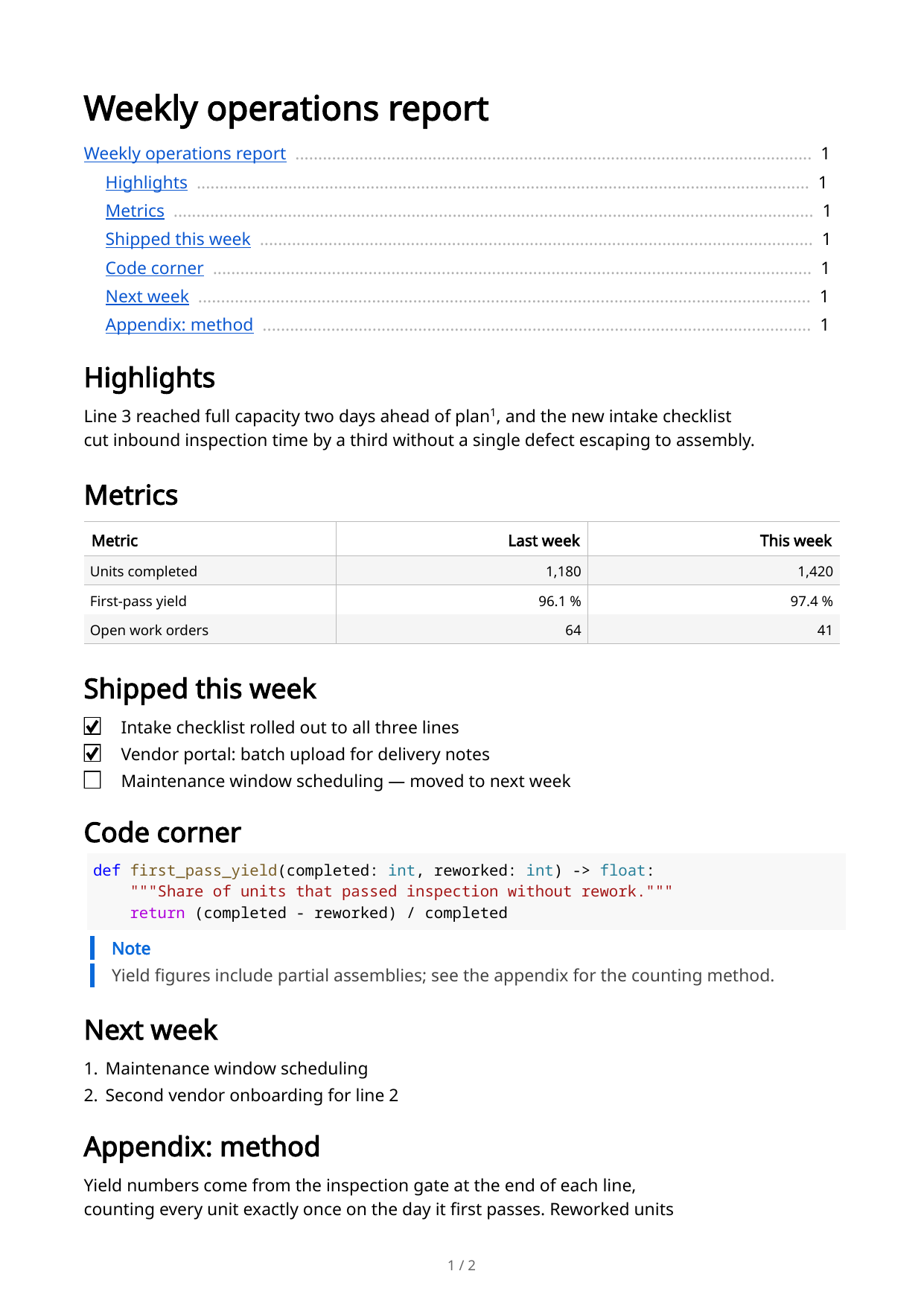 First page of a typeset weekly operations report with table of contents, tables and checkboxes